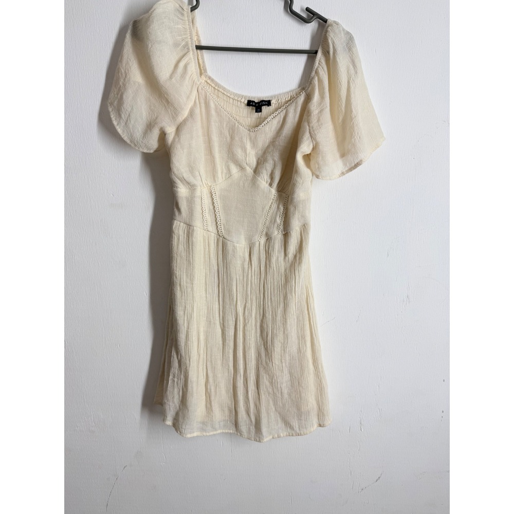 As U Wish Cream Puff Sleeve Mini Dress Smocked Back Lace Trim A7007114 Womens M